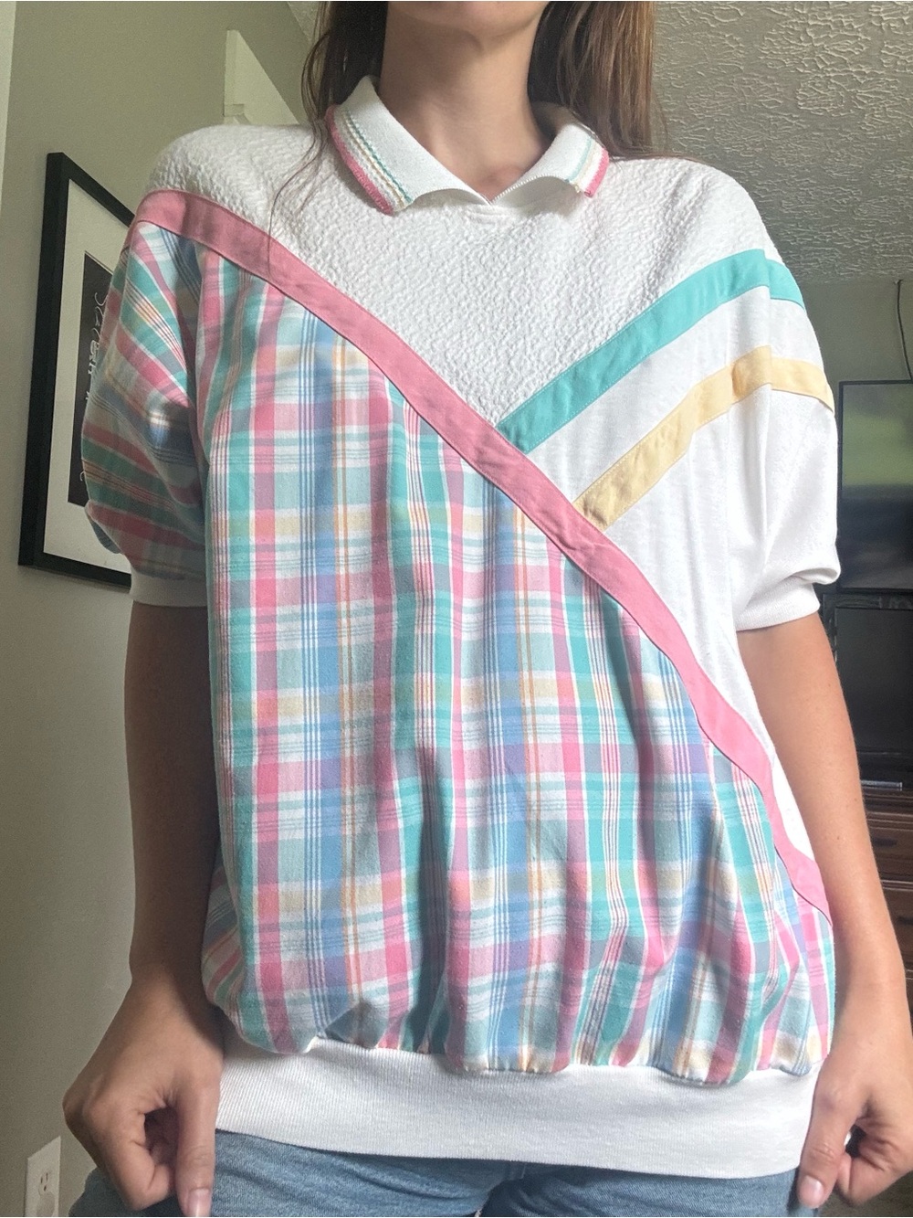 Vintage Pastel Plaid Pullover Top - White with Pink & Aqua Accents